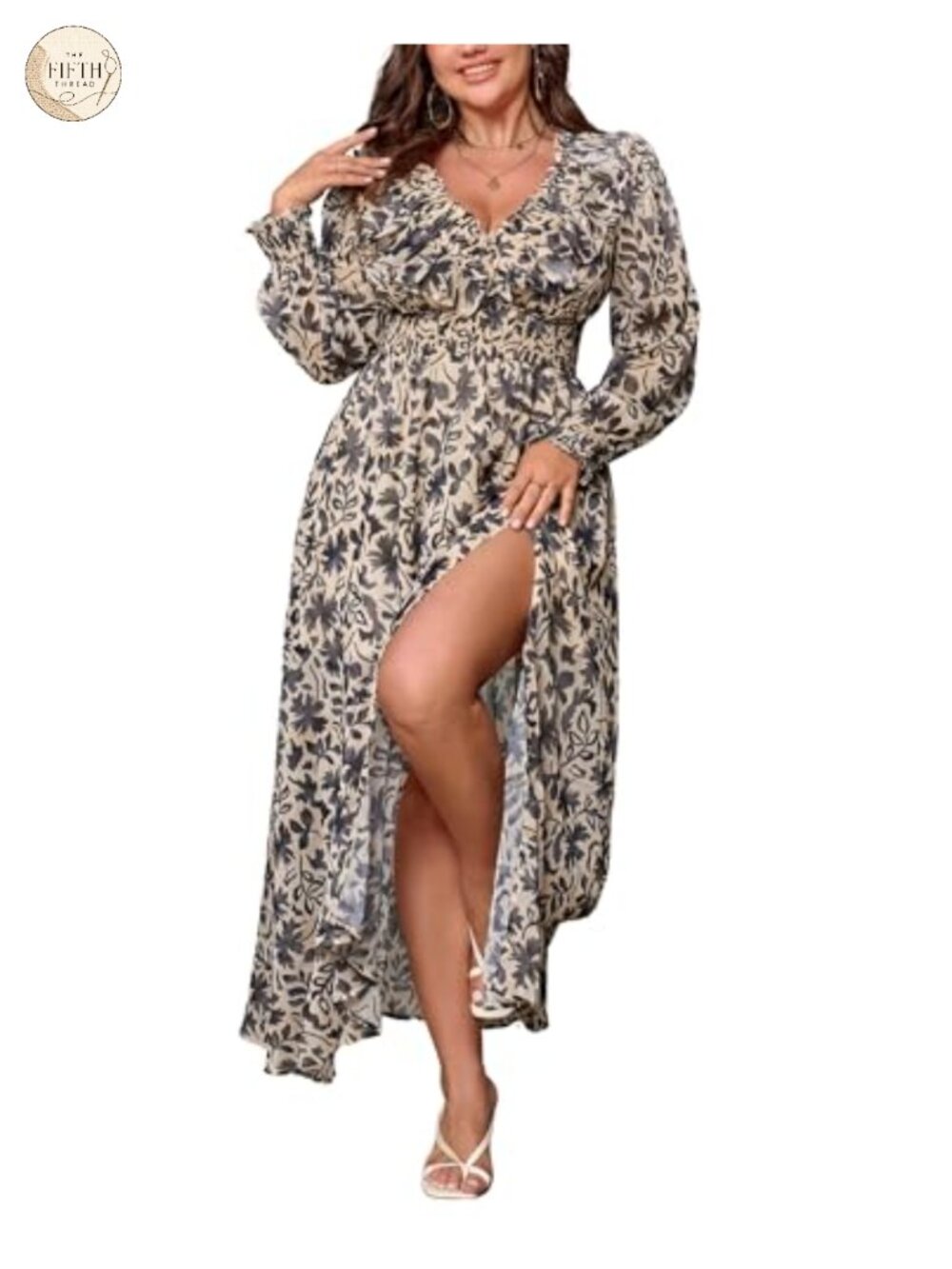 Women's Chiffon Floral Wedding Guest Dress Puff Sleeve High Slit Midi